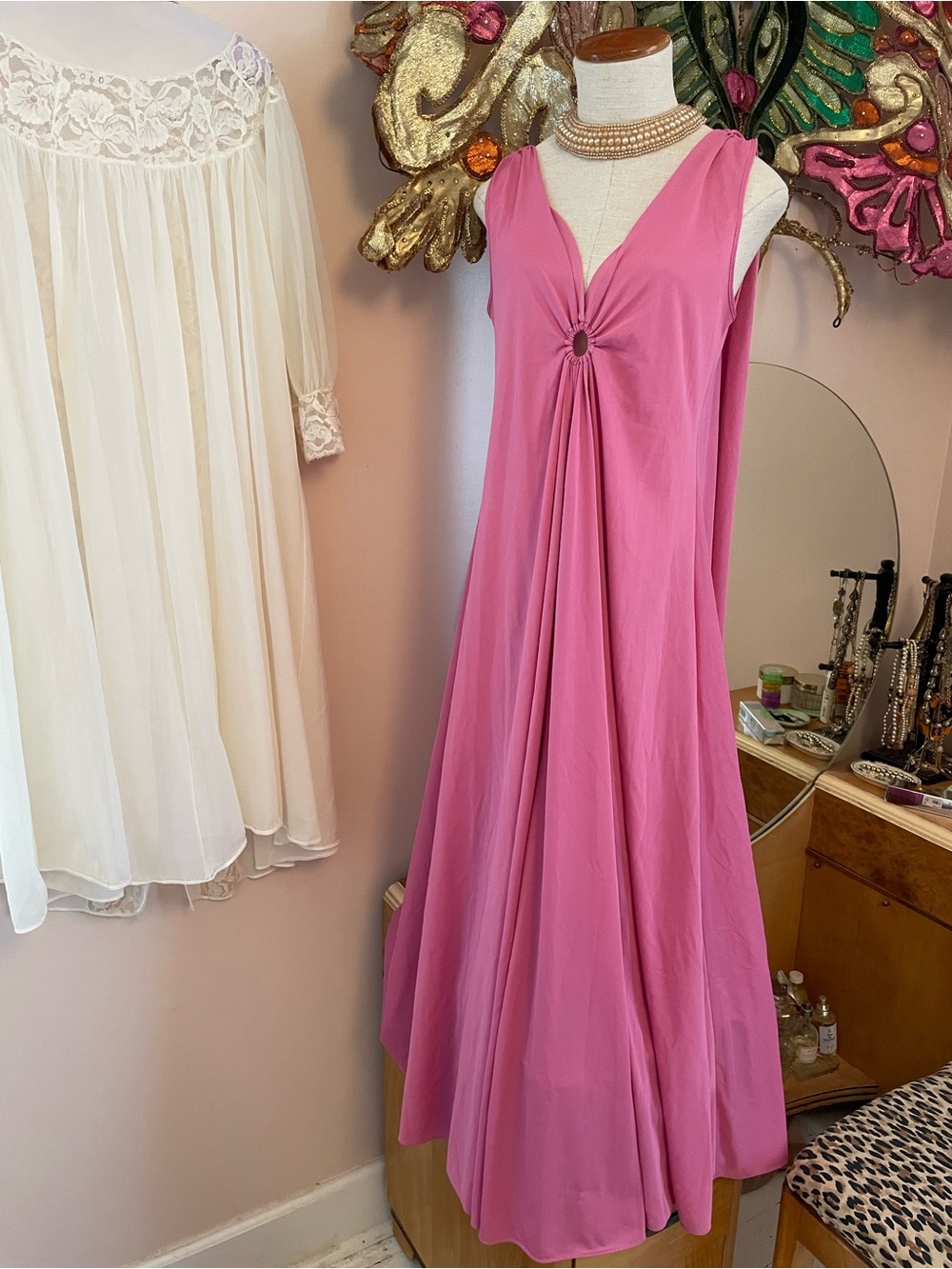 Sleeveless Rose Pink Maxi Goddess Nightgown Dress with Ring Accent V Back